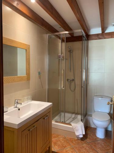 a bathroom with a shower and a sink and a toilet at Hotel Casa Bougainvillea in Sóller