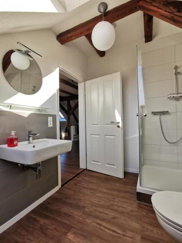 a bathroom with a sink and a shower at FeWo Rohleder de mit 130m2 und Garten für 6Pers mit 2 Bad in Cottbus