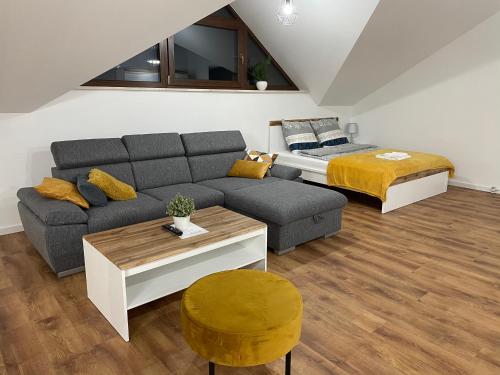 ein Wohnzimmer mit einem Sofa und einem Bett in der Unterkunft Apartament Rynek 13 z parkingiem - Centrum Bochni in Salzberg