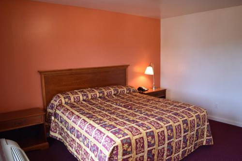 a hotel room with a bed and a lamp at PLYMOUTH MOTOR LODGE in Terryville