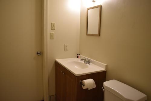 La salle de bains est pourvue d'un lavabo, de toilettes et d'un miroir. dans l'établissement PLYMOUTH MOTOR LODGE, à Terryville