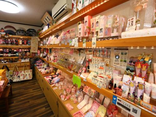 a store filled with lots of products on shelves at Miyoshino Sakuraan in Yoshino