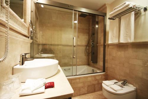 a bathroom with a sink and a shower and a toilet at Las Doñas del Portazgo in Villafranca del Bierzo