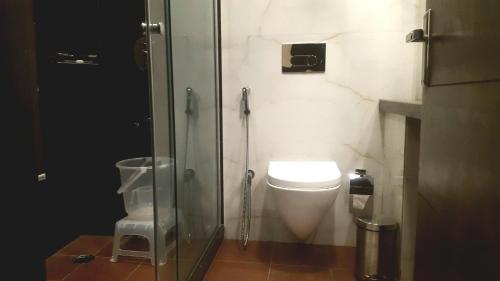 un bagno con wc e doccia in vetro di Hotel Aksh Inn a Jaipur