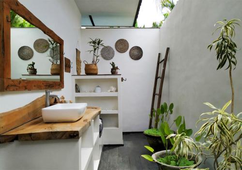 克羅柏坎的住宿－Villa Ubuntu by Optimum Bali Villas，浴室设有水槽、镜子和一些植物