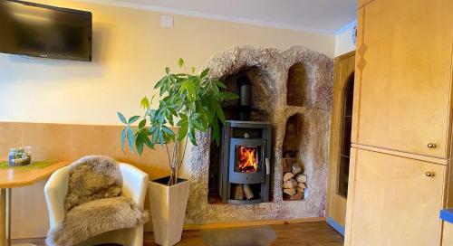a living room with a fireplace and a chair with a plant at Himmelsbögen und Apartments mit Seeblick und Alleinlage in Weissensee