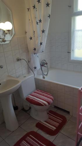 a bathroom with a toilet and a tub and a sink at Zielony Domek - Tleń Bory Tucholskie in Tleń