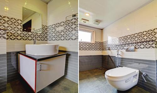 two pictures of a bathroom with a toilet and a sink at Treebo Wanderlust Residency With Mountain View in Munnar