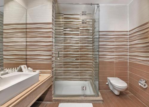 een badkamer met een douche, een toilet en een wastafel bij Tolip Family Park Hotel in Caïro