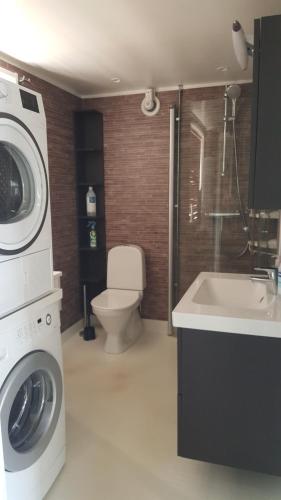 ein Badezimmer mit einer Waschmaschine und einem Waschbecken in der Unterkunft Drag 171 Villa Sjödal in Drag