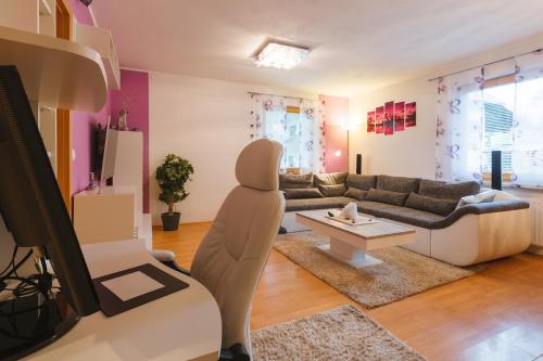 a living room with a couch and a tv at Apartments Lake Bohinj Medja in Bohinj