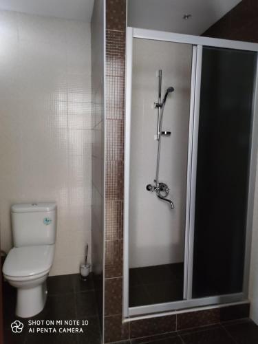 a shower with a glass door in a bathroom at Borjomi Sichi in Borjomi