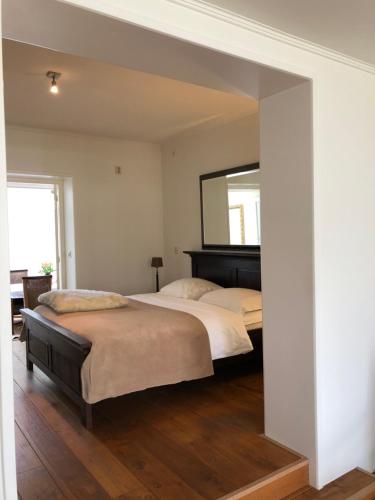 a bedroom with two beds and a mirror on the wall at B&B de Tol in Hulst
