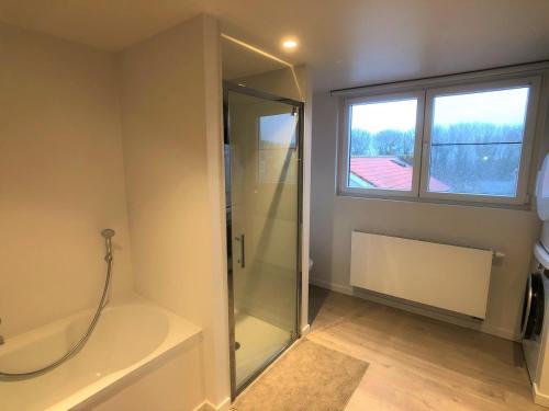 y baño con ducha acristalada y ventana. en De Tureluur, en Cadzand