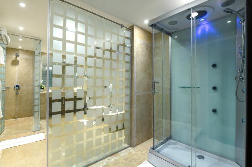a bathroom with a shower and a glass shower stall at Tolip El Forsan Hotel in Ismailia