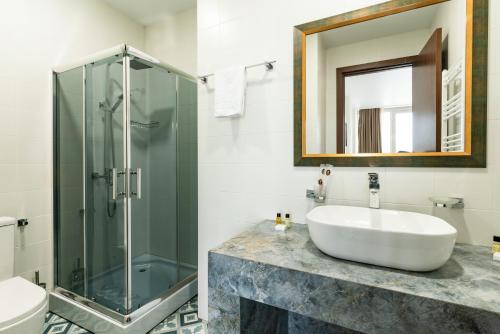 a bathroom with a sink and a shower at Hotel Flower in Tbilisi City