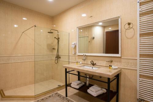 a bathroom with a sink and a shower at Hotel Flower in Tbilisi City