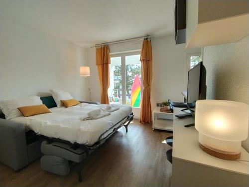 une chambre avec un lit et un bureau avec une télévision dans l'établissement Atlantide Angloye, à Anglet