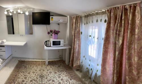 a room with a window with a microwave on a table at Apartment Studio on Bucuresti 9/1 in Chişinău