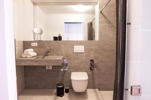 a bathroom with a toilet and a sink and a mirror at bodenseezeit Apartmenthotel Garni in Lindau