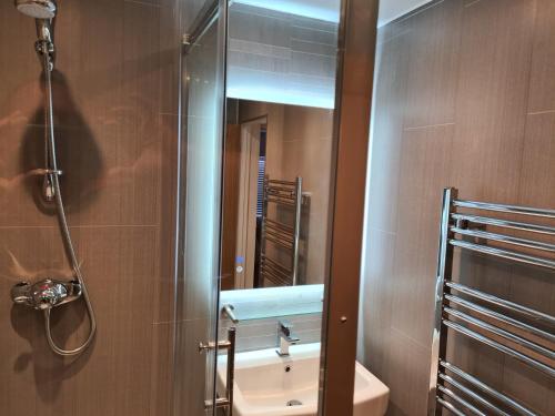 a bathroom with a shower and a toilet and a mirror at No 3 king street apartment and snug in Seahouses
