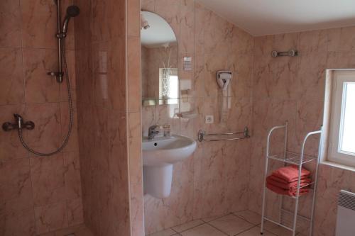y baño con lavabo y ducha. en Hôtel Ladagnous, en Peyrouse