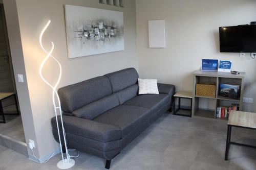 a living room with a couch and a tv at Appartement entre Sisteron et Gorges de la Méouge " Les Hauts de Toscane " in Ribiers