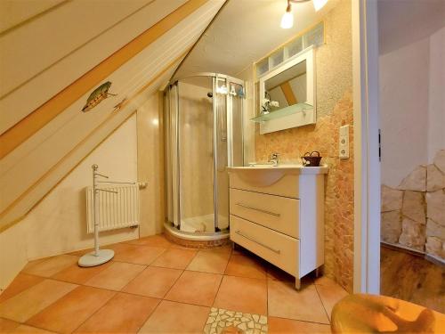 a bathroom with a shower and a sink at Komfortferienwohnung Anker & Steuerrad in Putbus