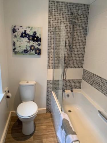 a bathroom with a toilet and a tub with a shower at Boggle Dyke Cottage in Thornhill