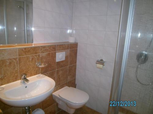 a bathroom with a sink and a toilet and a shower at Gästehaus Hirschenhof in Sölden