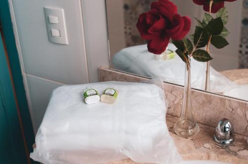a bathroom with a sink with a vase with a rose at Pousada Richard Rothe in Tiradentes