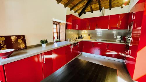uma cozinha vermelha com paredes brancas e pisos em madeira em Casa do Avô em Sistelo