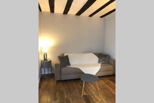a living room with a couch and a table at Studio de la porte de Samois in Moret-sur-Loing