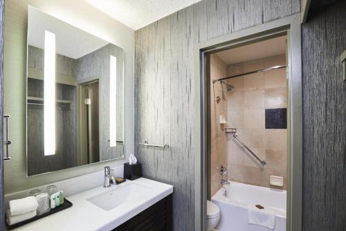 a bathroom with a sink and a toilet and a mirror at Riu Plaza Fisherman's Wharf in San Francisco