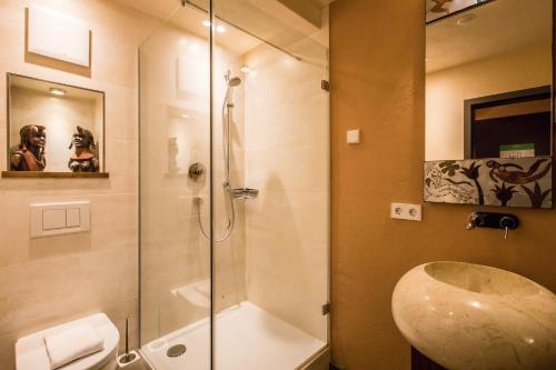 a bathroom with a shower and a sink at Farmerhaus-Lodge in Groß-Umstadt