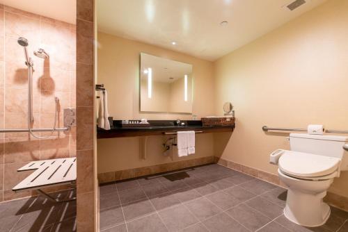 a bathroom with a toilet and a sink and a mirror at Miyako Hybrid Hotel Torrance in Torrance