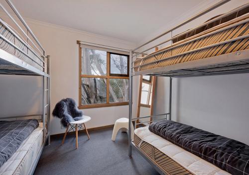 Un dormitorio con dos literas y una silla. en Montane, en Dinner Plain