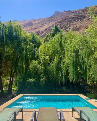 a swimming pool with chairs and trees in the background at Aldea del Valle - Elqui Villas, Pisco Elqui in Pisco Elqui