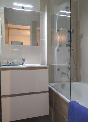 une salle de bain avec une douche, un lavabo et une baignoire dans l'établissement Le 44 avec balcon vue mer, au Grau-du-Roi