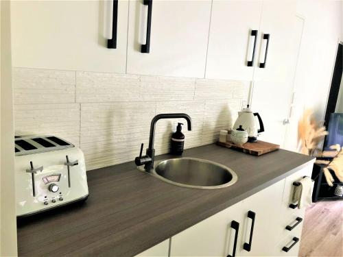 a kitchen counter with a sink and a toaster at Robyn's Retreat in Hamilton