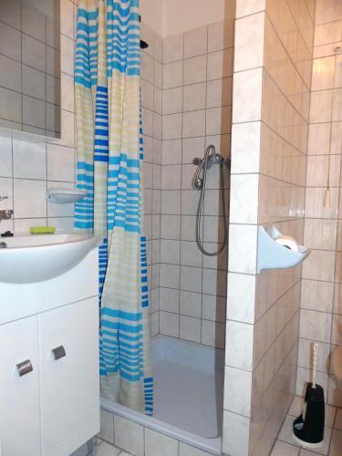 a shower with a blue and white shower curtain at Heppház in Harkány