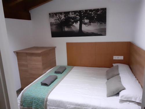 een slaapkamer met een groot bed met 2 kussens erop bij Playa Laga in Ibarrangelu