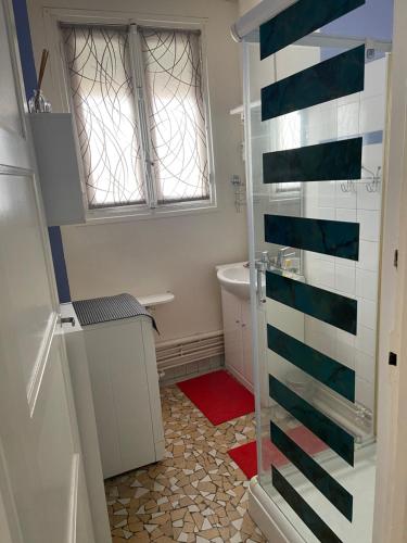 łazienka z prysznicem i czerwonym dywanem w obiekcie Erliz w mieście Noyon