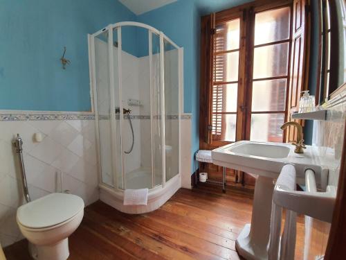 a bathroom with a shower and a toilet and a sink at Posada Magoria in Ansó