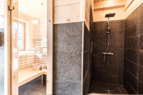 a bathroom with a walk in shower and a glass door at Heidi Chalets Falkert Heidialm - Chalets Bergwinter in Patergassen