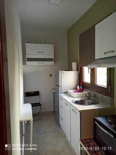 een kleine keuken met een wastafel en een koelkast bij Παιδων στουντιο 3 in Athene