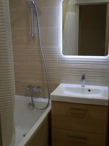 une salle de bain avec un lavabo et une douche avec un miroir dans l'établissement REF 041 Appartement pour quatre personnes vue mer accès plage et parc du Fogeo ARZON, à Arzon