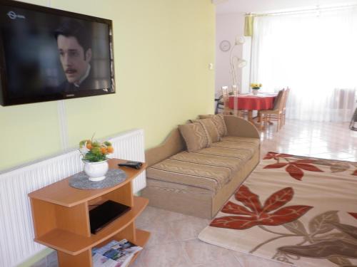a living room with a couch and a tv on the wall at Manor Villa in Hévíz