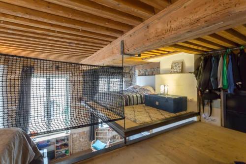 a room with a bed with a cage in it at Duplex le Vorace in Lyon