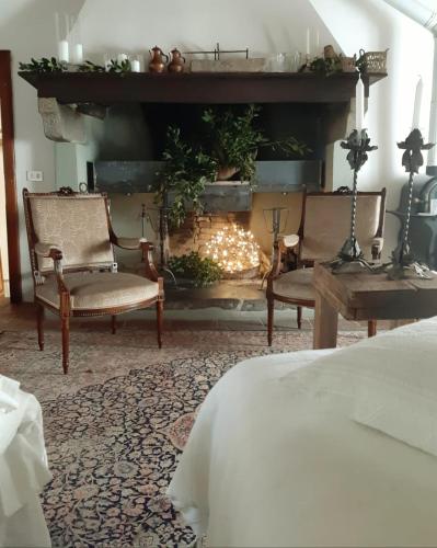 a living room with two chairs and a fireplace at Agriturismo Frantoio Valiani in Cortona